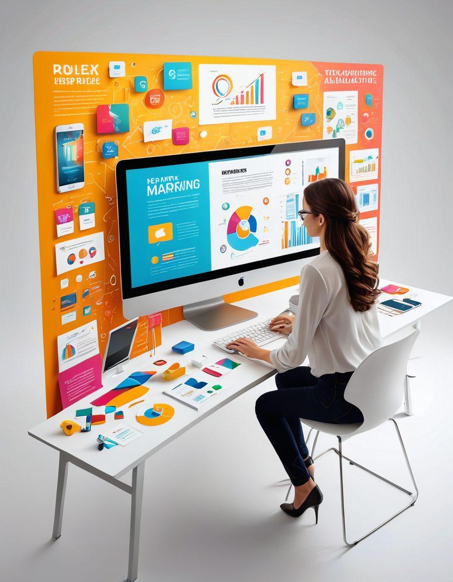 A visually striking banner showcasing a digital marketing toolkit, featuring vibrant icons like graphs, social media logos, and eye-catching typography. The scene should include a person creatively designing a banner on a computer, surrounded by colorful digital elements. Use bright colors and a dynamic layout to illustrate the theme of mastery and innovation in banner advertising. super-realistic. vibrant colors. white background.